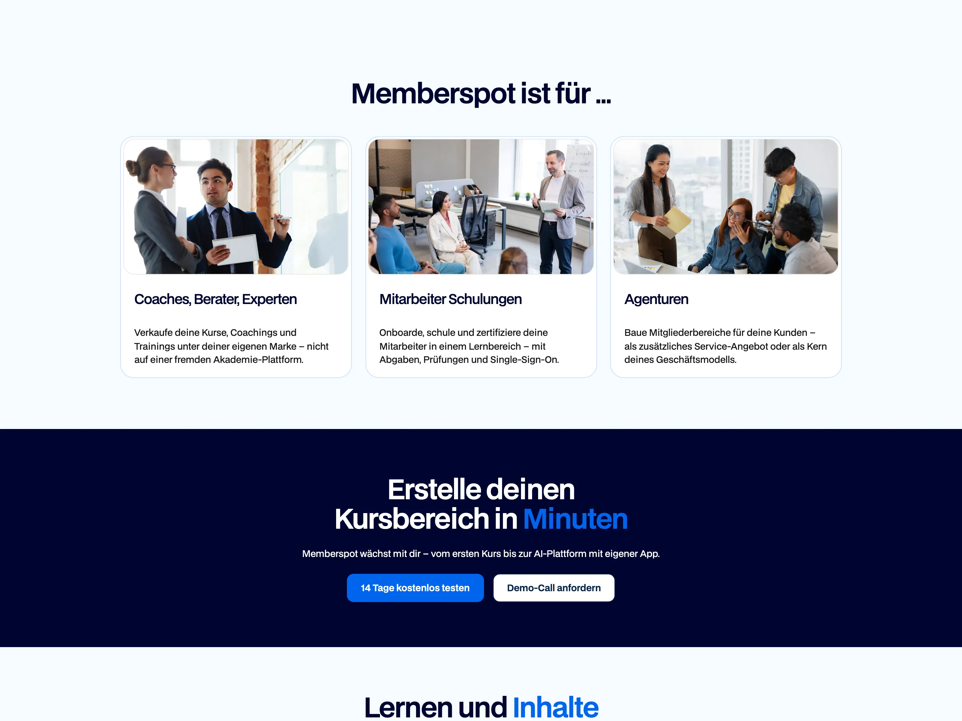 Memberspot-Startseite, Sektion „Memberspot ist für …“ mit drei Zielgruppen-Karten: Coaches, Berater, Experten · Mitarbeiter Schulungen · Agenturen
