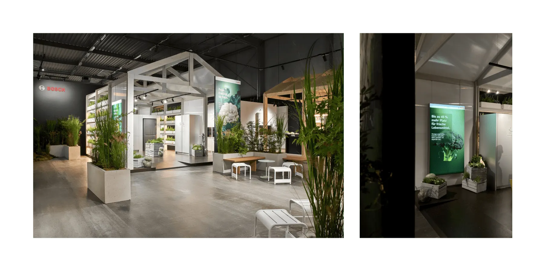 Zwei Aufnahmen vom Bosch-Messestand in der Architekturwerkstatt: weißes Holzgerüst, Pflanzkübel mit Gräsern und eingebaute Küchengeräte, dazu ein Roll-up „From Cooling to Fresh“ und eine digitale Stele mit Frische-Motiv