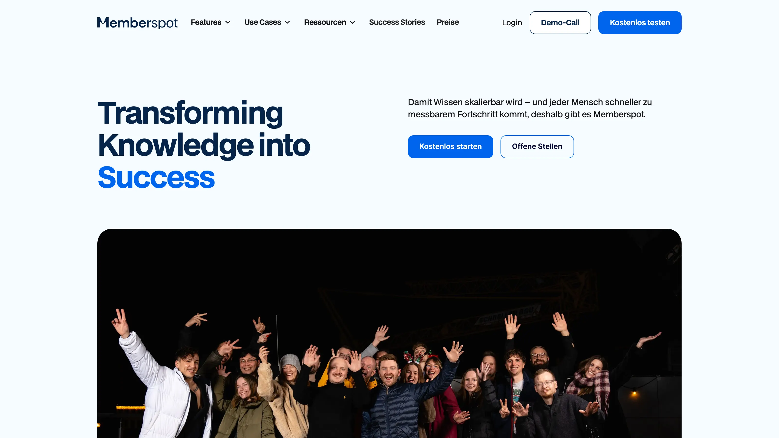 Unternehmensseite von Memberspot mit der Haltungszeile „Transforming knowledge into success“