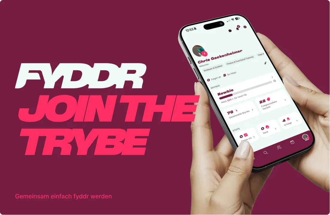 fyddr Key Visual: eine Hand hält ein Smartphone mit dem Athleten-Profil, daneben der Schriftzug FYDDR JOIN THE TRYBE auf tiefem Purple
