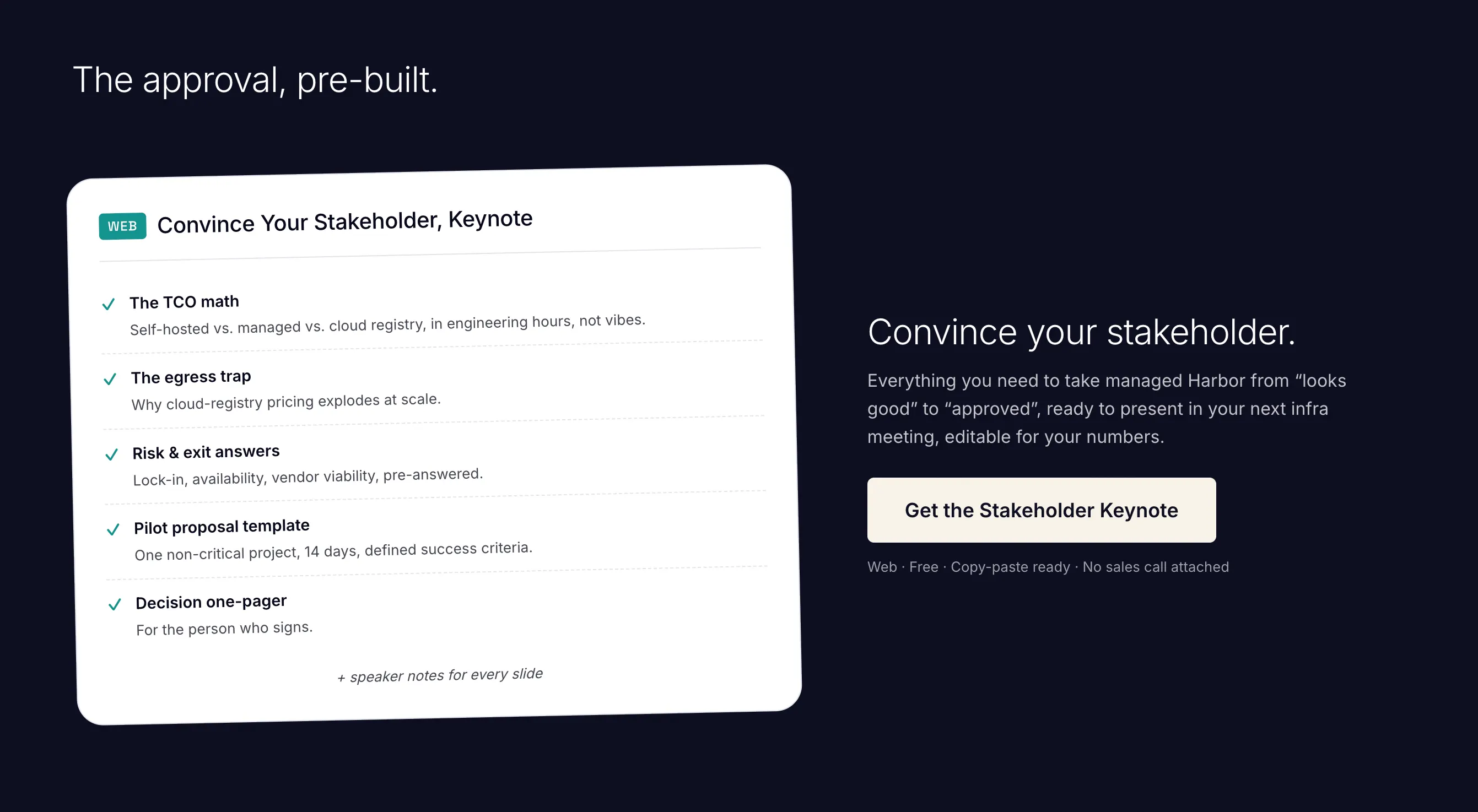 Freebie-Sektion von 8gears mit der Überschrift „The approval, pre-built“ und der Stakeholder-Keynote: TCO-Rechnung, Egress-Falle, Risiko- und Exit-Antworten, Pilot-Vorlage und ein Entscheidungs-Onepager, daneben der Button „Get the Stakeholder Keynote“