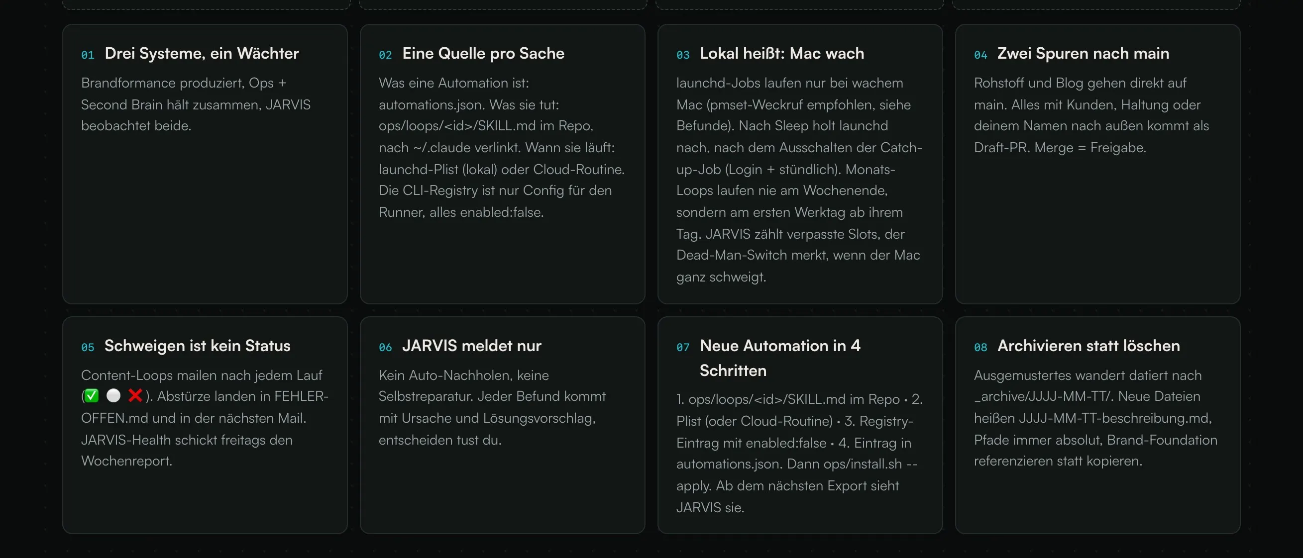 Rulebook mit acht Regeln, darunter Eine Quelle pro Sache, Schweigen ist kein Status und Archivieren statt löschen