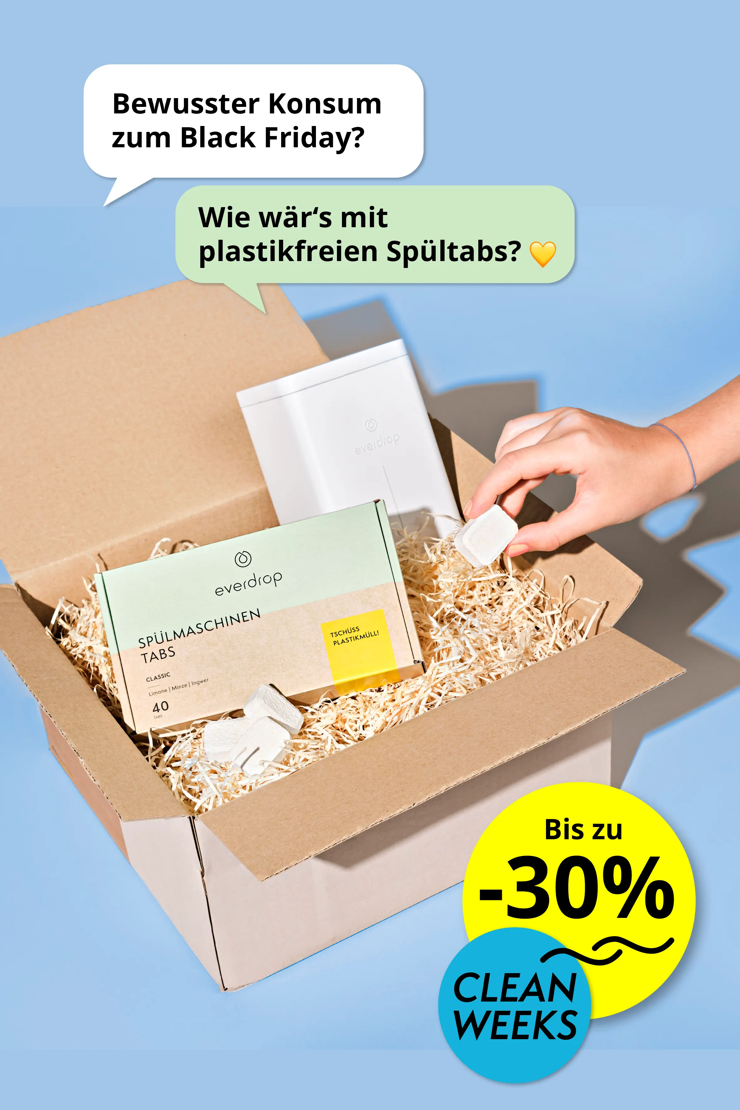 Paid-Social-Motiv: geöffneter Versandkarton mit everdrop-Spülmaschinentabs, Sprechblasen „Bewusster Konsum zum Black Friday?“ und „Wie wär’s mit plastikfreien Spültabs?“, dazu ein Clean-Weeks-Störer