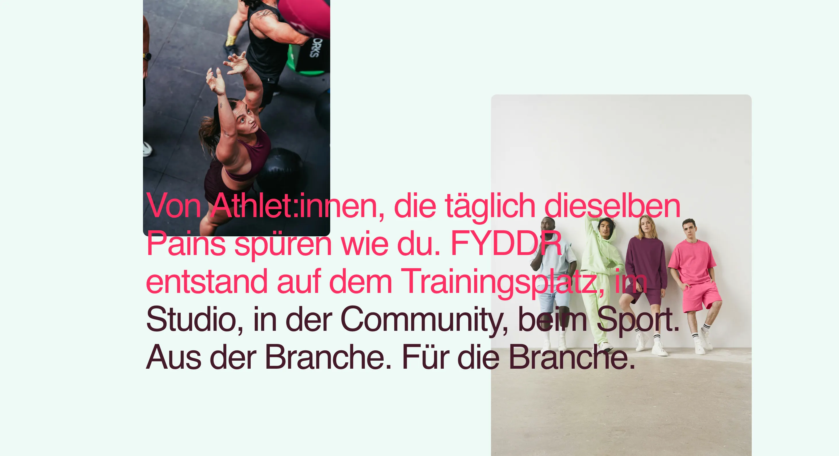 Story-Layout von fyddr: „Von Athlet:innen, die täglich dieselben Pains spüren wie du“ neben zwei Sport-Motiven, darunter die Zeile „Aus der Branche. Für die Branche.“