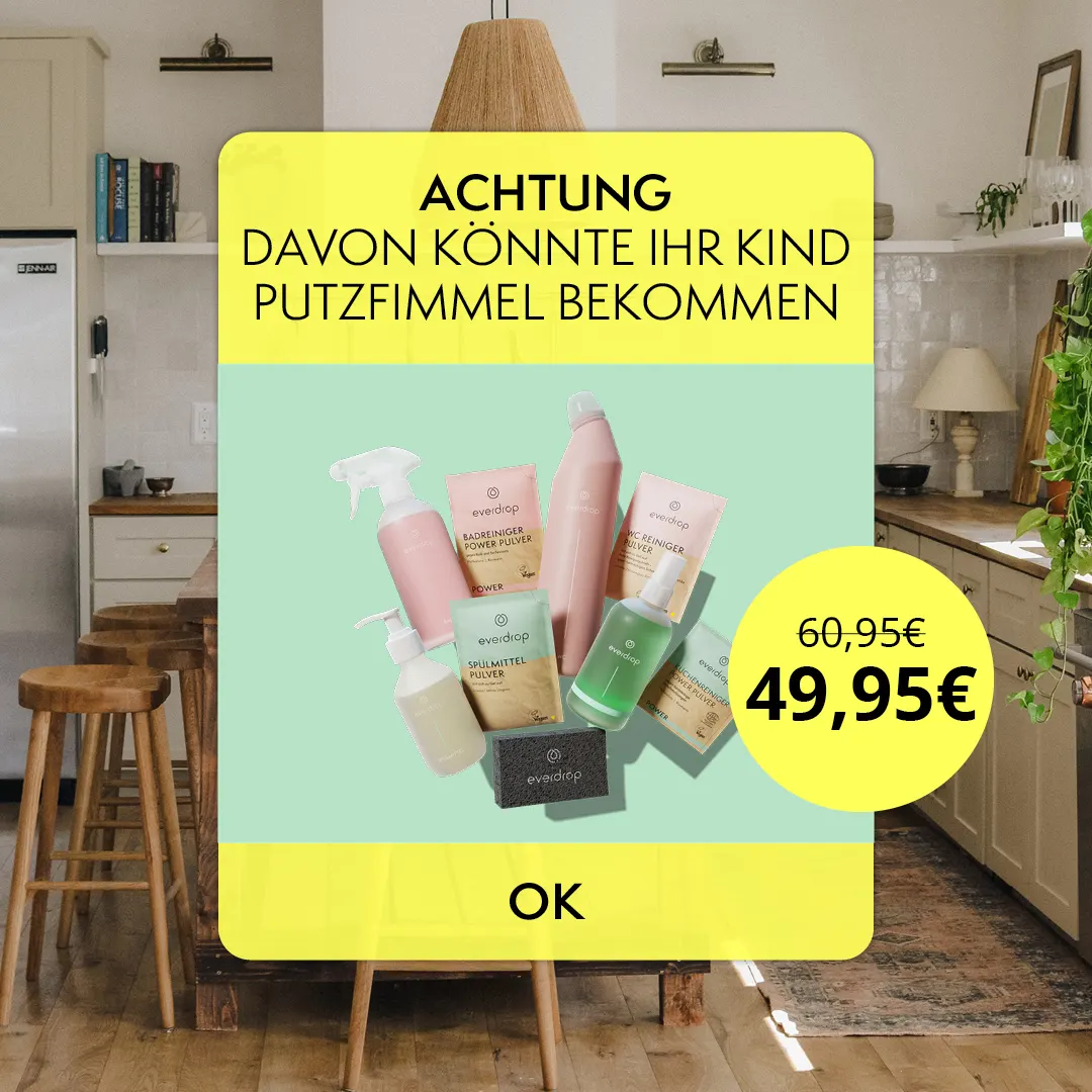 Paid-Social-Motiv in einer Küche, als System-Dialog gestaltet: „Achtung — davon könnte Ihr Kind Putzfimmel bekommen“, darunter das everdrop-Reinigungsset