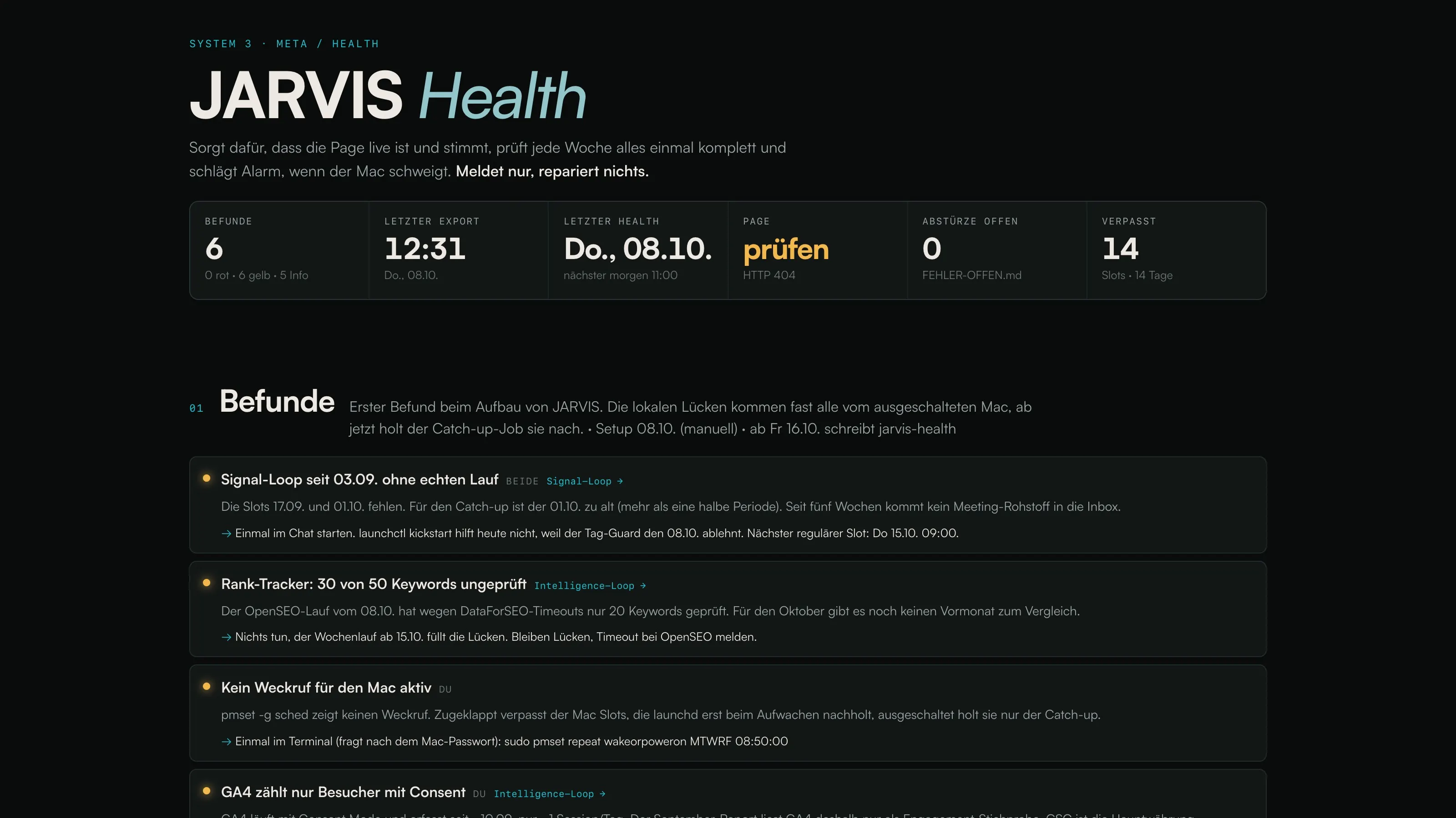 JARVIS Health: Befunde, letzter Export, verpasste Slots, jede Meldung mit Ursache und Lösungsvorschlag