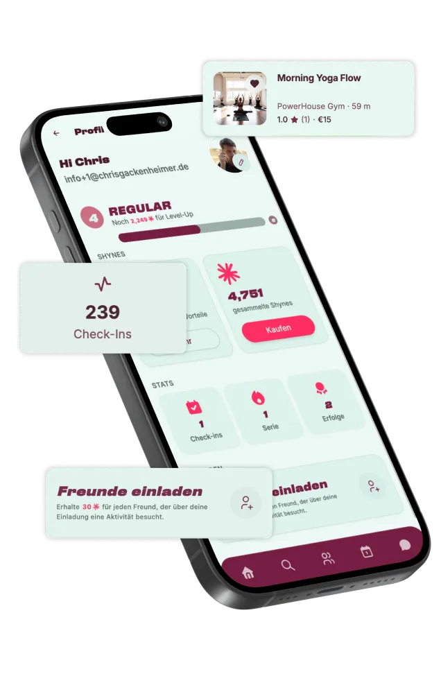 fyddr App-Profil mit SHYNES-Guthaben, Level und Check-ins