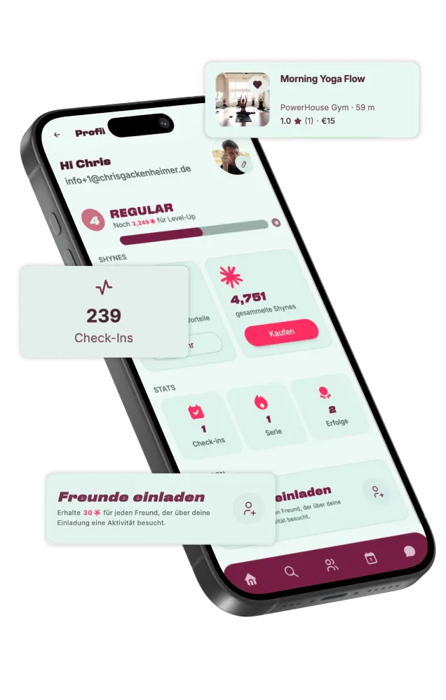 fyddr App-Profil auf dem Smartphone mit SHYNES-Guthaben, Level REGULAR, Check-in-Statistik und der Einladefunktion für Freunde