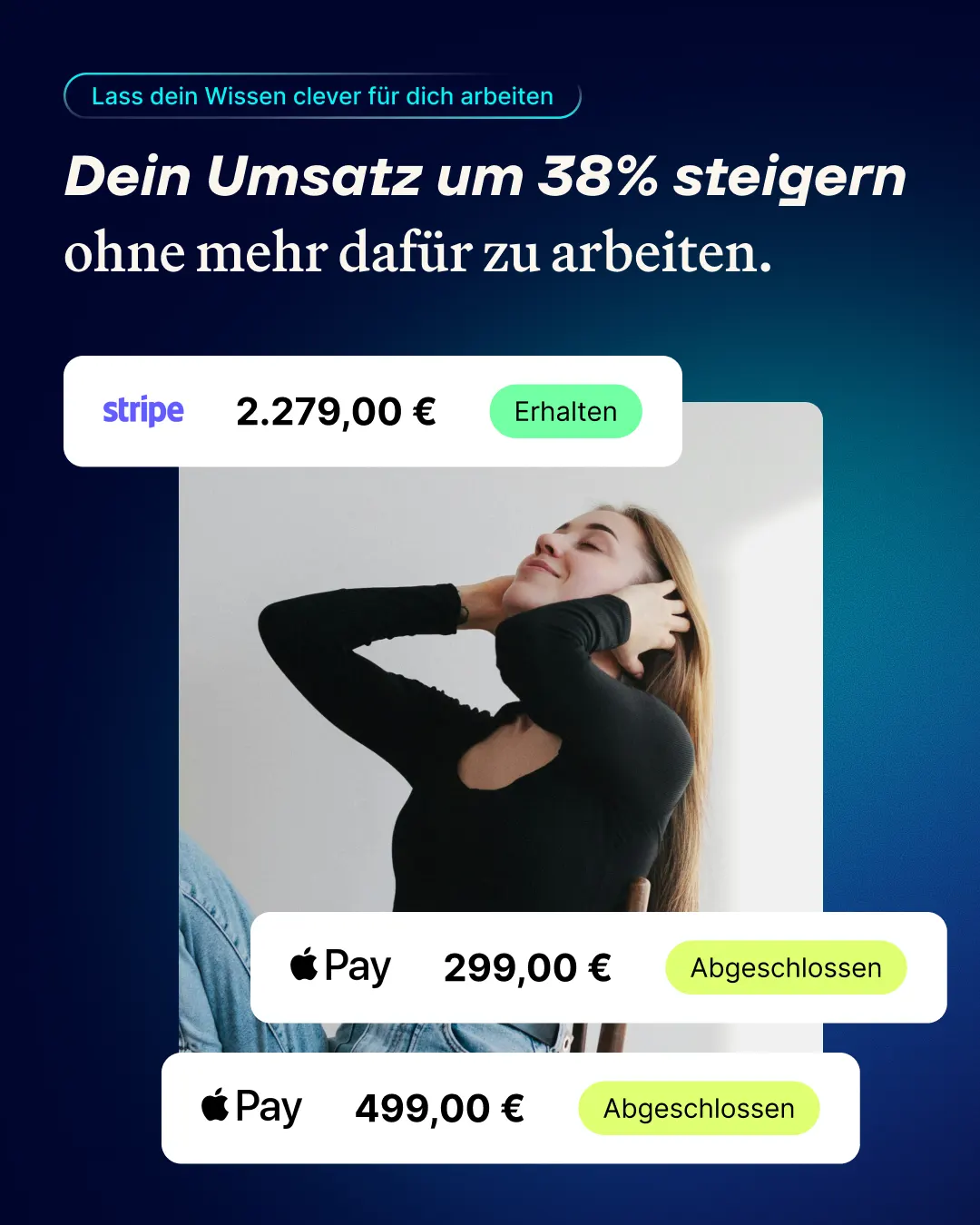 Paid-Social-Ad im Memberspot-Blau mit Nutzenversprechen, dem Foto einer entspannten Frau und drei eingeblendeten Zahlungsbestätigungen von Stripe und Apple Pay