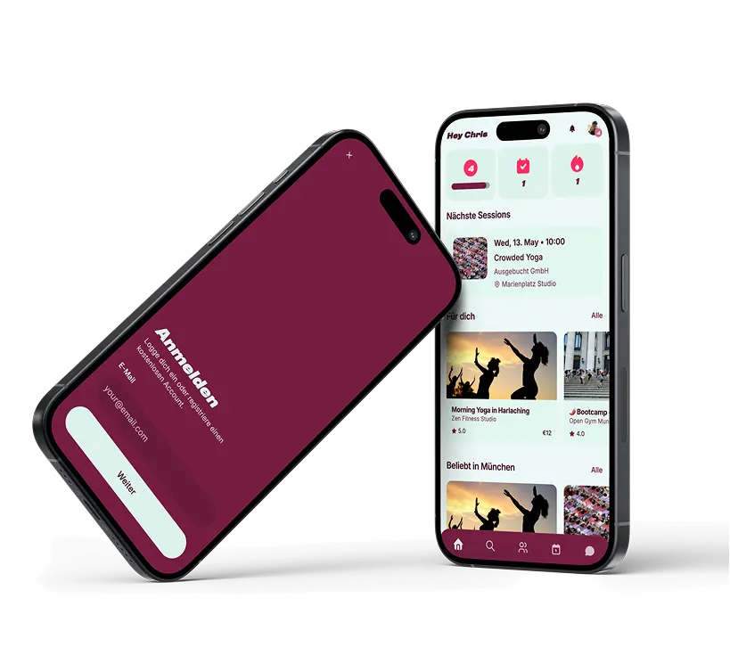 Zwei fyddr App-Screens: die Anmeldung in Purple und der Feed mit den nächsten Sessions in Mint