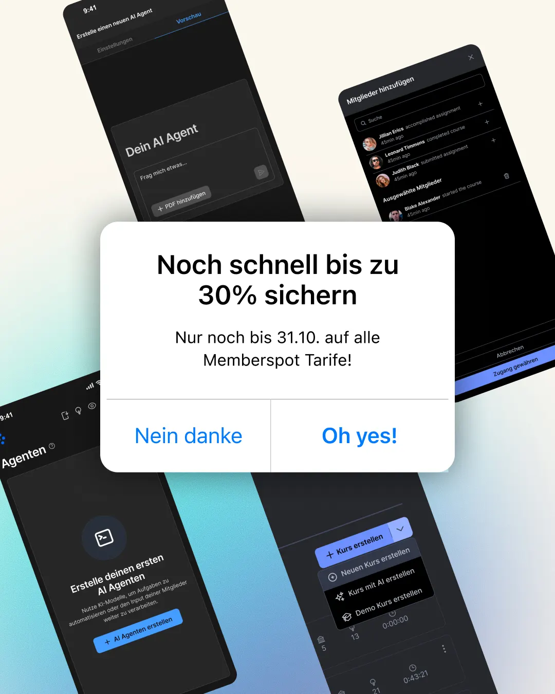 Paid-Social-Ad mit vier gekippten Produkt-Screens der Memberspot-App, darüber ein Angebots-Dialog mit den Optionen „Nein danke“ und „Oh yes!“