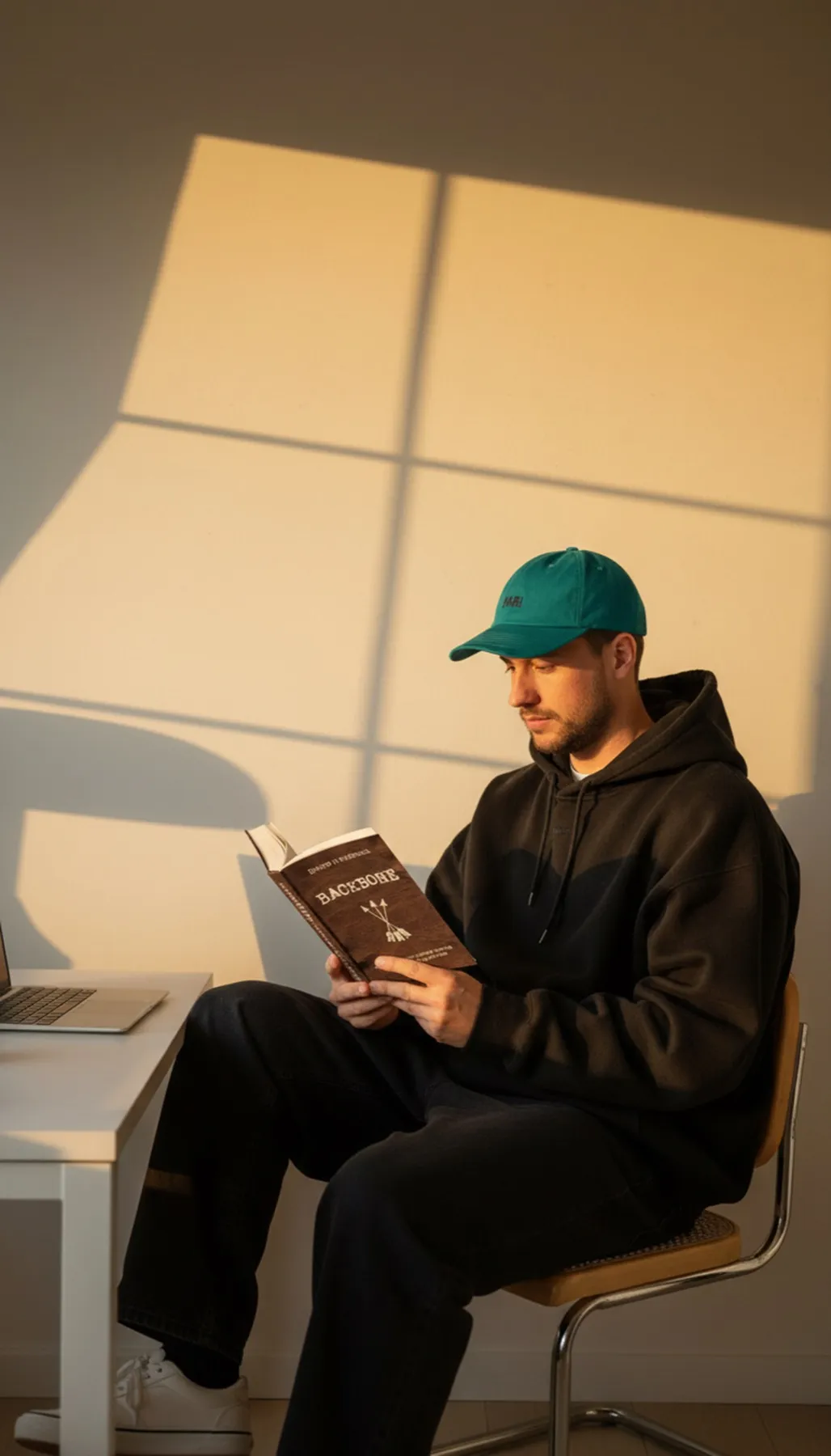 Chris Gackenheimer, lesend am Schreibtisch im Seitenlicht