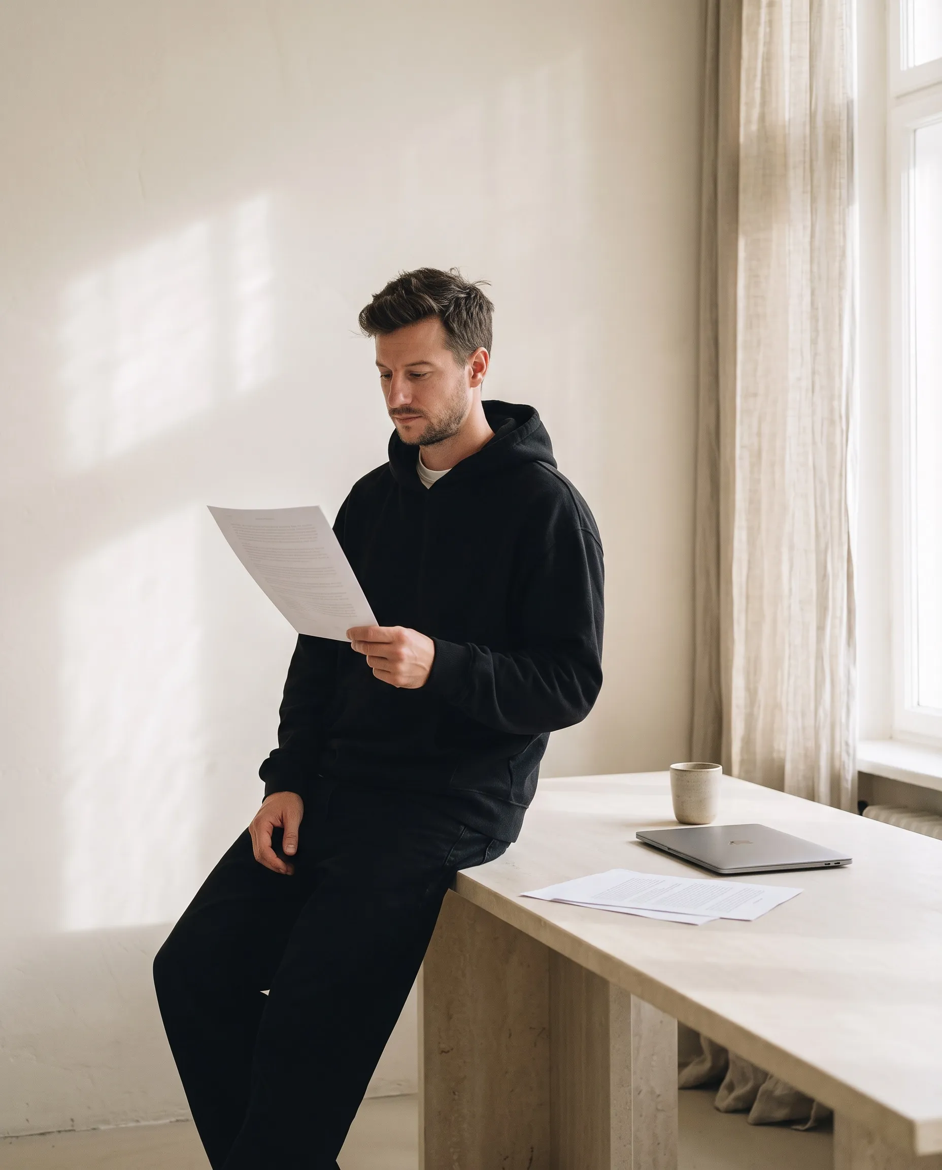 Chris Gackenheimer, Branding Freelancer in München, liest am Schreibtisch